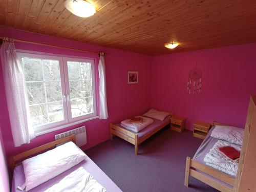 a bedroom with two beds and a window at Bydlinská zahrádka Těšíkov in Šternberk