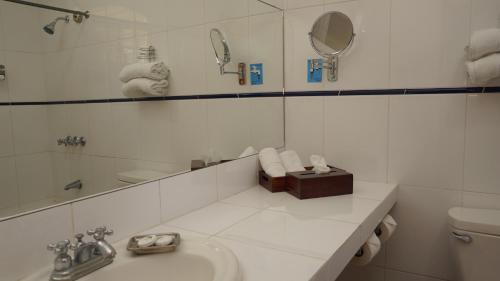 a bathroom with a sink and a mirror and a toilet at Hotel Casa del Arbol in San Pedro Sula