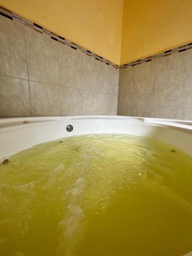 a bath tub filled with green water in a bathroom at Lourdes Hotel Campestre in Santa María del Río