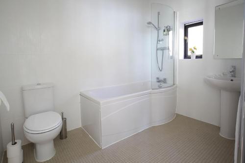 a white bathroom with a toilet and a sink at Yorkshire Dales Lodge 6 Family 3 bed in Richmond