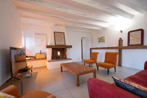 een woonkamer met een bank en een open haard bij La Ferme du Bonheur - Un cocon d'authenticité au cœur de la nature in Cruseilles