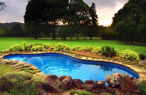 a swimming pool in a garden with a rock wall at Lythwood Lodge in Lidgetton