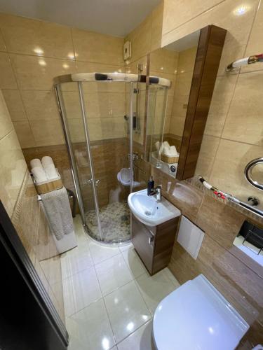 タウラゲにあるDviejų kambarių butasのバスルーム(シャワー、トイレ、シンク付)