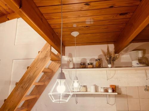 een keuken met houten plafonds en een lamp bij Alojamiento PISCIS in Puerto Madryn