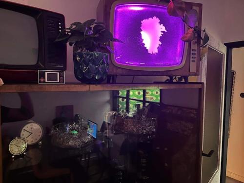 a tv sitting on top of a shelf at Fajna Sztuka Art Space! Cudowne mieszkanie z duszą in Gdańsk