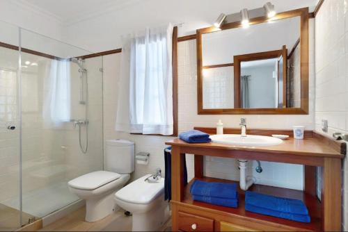 ein Bad mit einem WC, einem Waschbecken und einer Dusche in der Unterkunft Villa Turqué in Arrieta