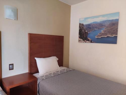 パチューカ・デ・ソトにあるPosada del Ángelのベッドルーム1室(ベッド1台付)が備わります。壁には絵画が飾られています。