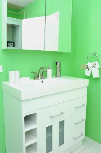 a bathroom with a white sink and green walls at Vision with Dreams VIlla in Runaway Bay