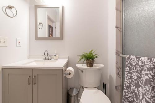 a bathroom with a toilet and a sink and a mirror at TRANQUIL TOWN HOUSE IN NEW JERSEY - JUST 25 MINUTES To TIME SQUARE! in Jersey City