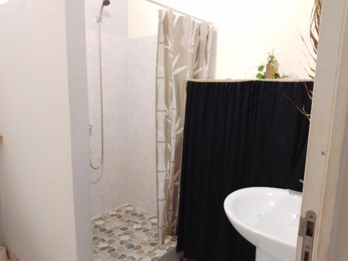 W łazience znajduje się prysznic i umywalka. w obiekcie Chez Laeti et Mano w mieście Hakamui