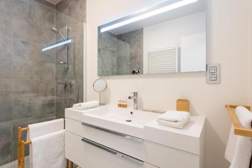 a bathroom with a white sink and a shower at Bel Appartement 2 Chambres proche Avenue Louise in Brussels