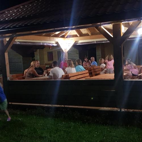 a group of people sitting at a restaurant at night at PROKLETIJE eko katun Vusanje in Gusinje