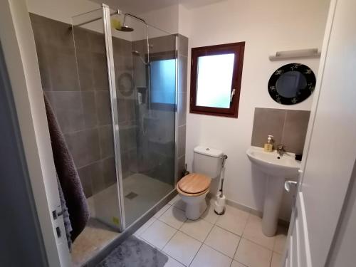 a bathroom with a shower and a toilet and a sink at Villa Lilas in Doumen