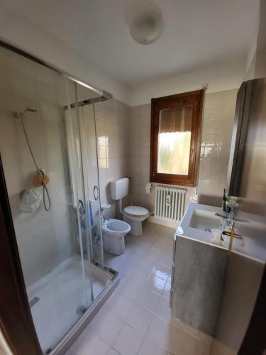 y baño con ducha, aseo y lavamanos. en Alloggio indipendente Cesulìn, en Porto Viro