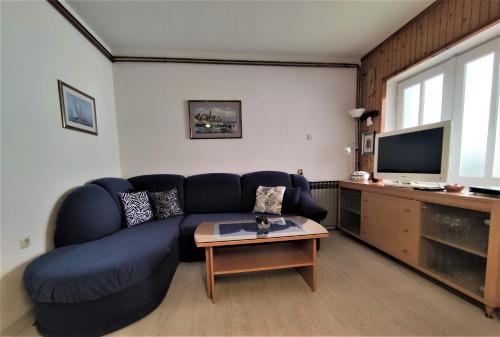 a living room with a blue couch and a tv at Villa Radić in Makarska