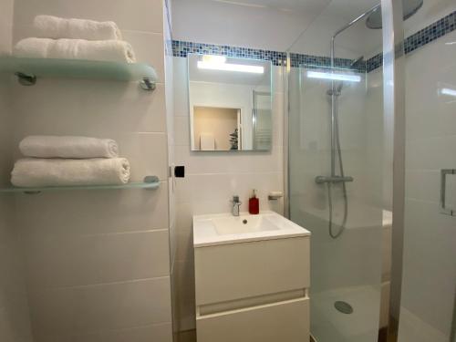 La salle de bains est pourvue d'un lavabo, d'une douche et de serviettes. dans l'établissement Charmant Studio Front de Mer, à Cabourg