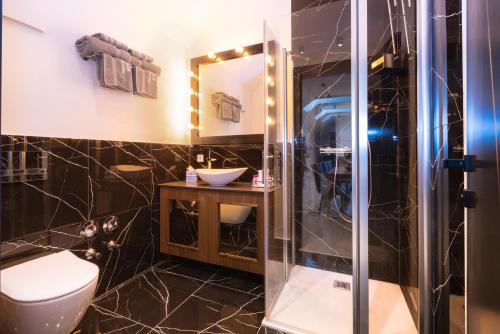 uma casa de banho com um chuveiro, um WC e um lavatório. em Loft Suite im modernen Style in Schärding em Schärding