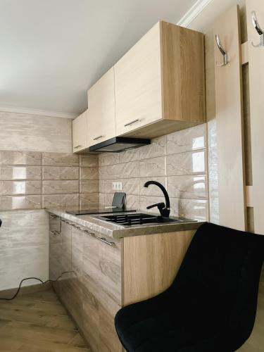 a kitchen with a sink and a stove at Вілла Aqua Shayan in Shaian