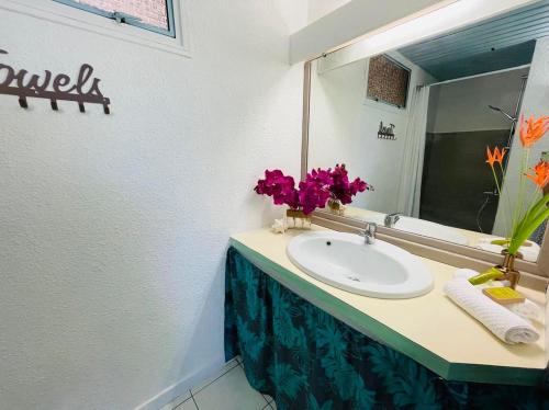 a bathroom with a sink and a mirror at Studio Hina - Cosy, Quiet & Pool in Papeete
