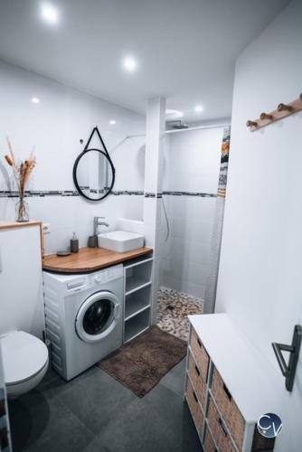une salle de bain avec machine à laver et toilettes dans l'établissement Appartement avec Piscine proche Avignon et Uzes, à LʼArdoise