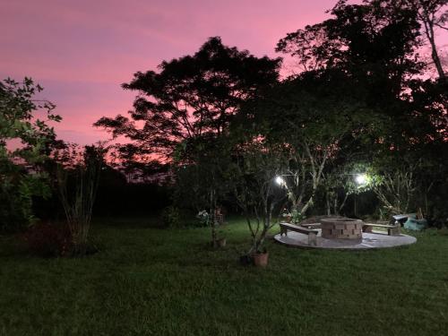 a park at night with a table and trees at QUINTA VACACIONAL DIEGO ALFONSO, MY house in Macas in Macas