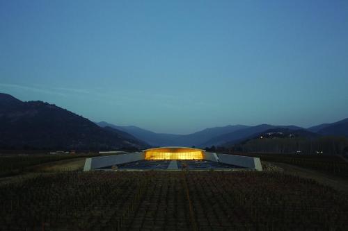 a building in the middle of a vineyard at night at Vik Chile in San Vicente de Taguatagua