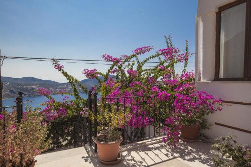 a balcony with flowers and a view of the water at Villa Asya in Kalkan