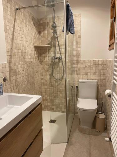 a bathroom with a shower and a toilet and a sink at Villa Can Llompart Port de Pollensa in El Port