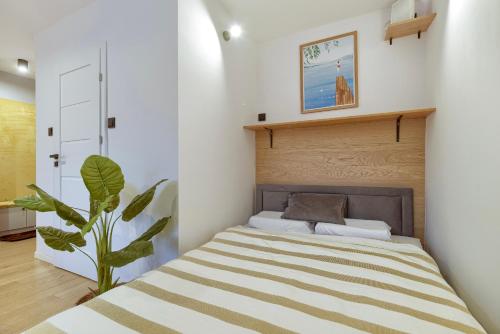 a small bedroom with a bed and a plant at Apartament 4 Pory Roku PRZY PLAŻY Z WIDOKIEM NA MORZE in Gdynia