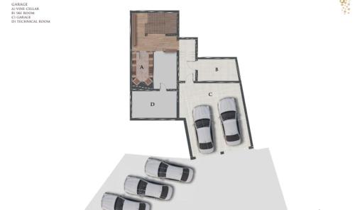 a floor plan of a building with parked cars at Chalet Caprea in Bad Kleinkirchheim