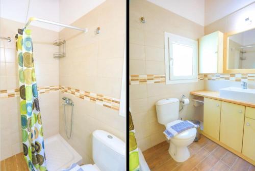 two pictures of a bathroom with a toilet and a sink at Green Family Villa in Agios Ioannis