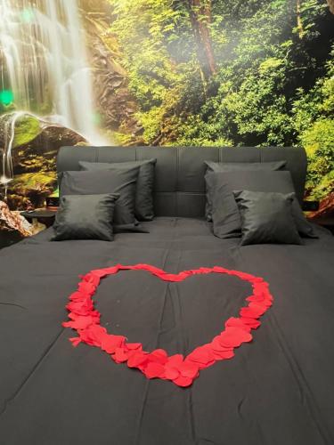 a bed with a heart on it in front of a waterfall at Aux trois univers in Verviers