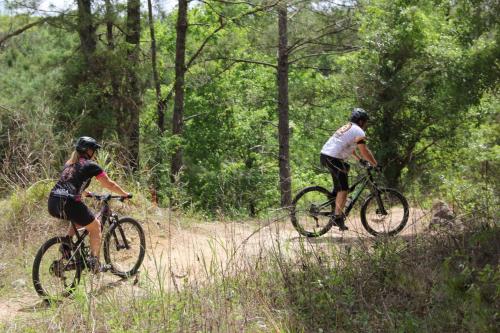 two people riding bikes on a trail in the woods at Howard Johnson by Wyndham Ocala FL I-75 in Ocala