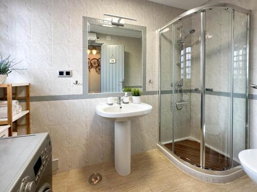 a bathroom with a sink and a shower at Jardín Playa San Juan in Alicante