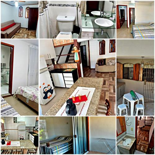 eine Collage mit Fotos von einem Schlafzimmer und einem Badezimmer in der Unterkunft ALUGO CASA INTEIRA 3 SUÎTES EXCELENTE CASA no centro de Cabo Frio in Cabo Frio