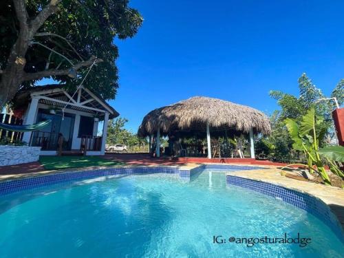 una piscina frente a una casa con una cabaña en Angostura Lodge 