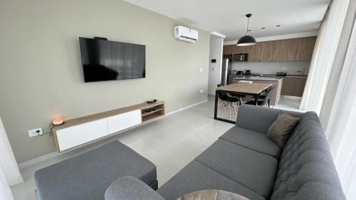 a living room with a couch and a television on a wall at Alma de mar in Mar del Plata