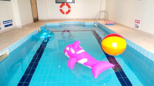 a swimming pool with a pink shark and a ball at Horizons Apartments Newquay in Newquay