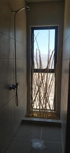 a bathroom with a window and a shower with a view at Casa Puclaro, terraza panorámica Valle del Elqui in Vicuña