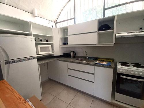 een kleine keuken met witte kasten en een wastafel bij Departamento de Sil in Godoy Cruz
