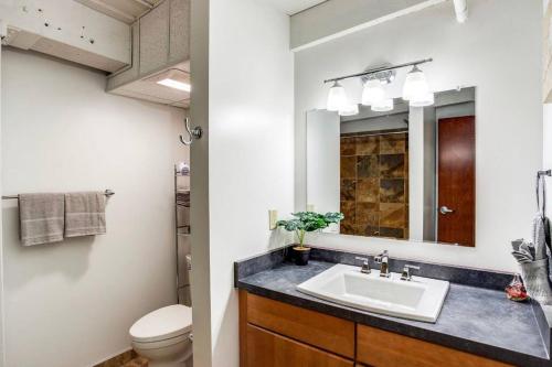 ein Bad mit einem Waschbecken und einem WC in der Unterkunft Centric Modern Loft w/ King Beds & Smart GameTable in Rochester