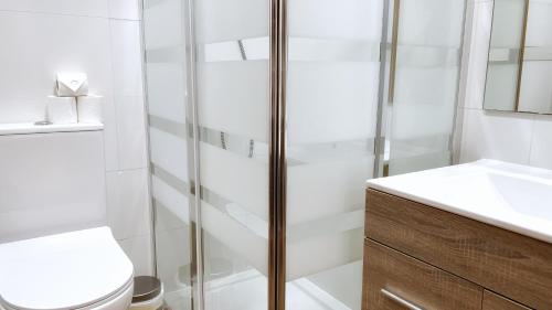 a bathroom with a shower and a toilet and a sink at Iturriaga Ostatua Self check in in Bilbao