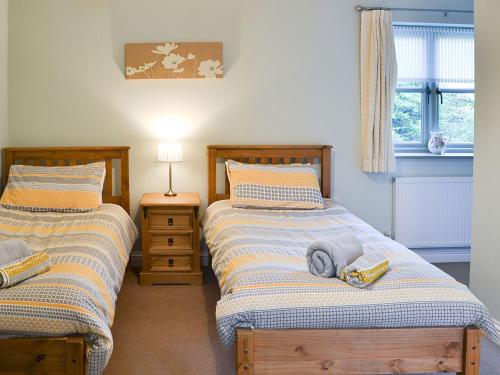 a bedroom with two beds and a lamp and a window at Lily Broad Cottage in Burgh Saint Margaret