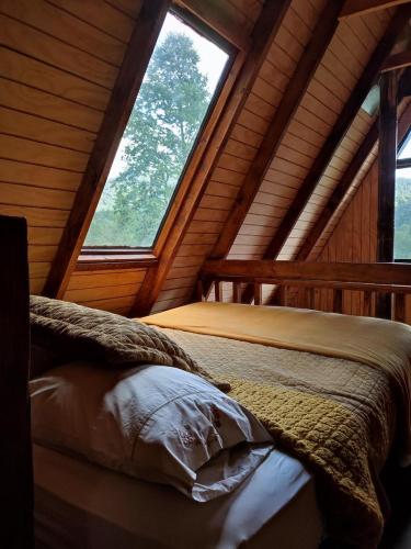 a bed in a log cabin with two windows at Alpinas de Sollipulli refugio sollipulli in Melipeuco