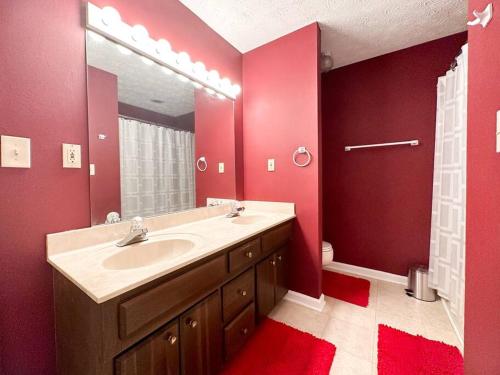 a bathroom with a sink and a mirror at Cute 2 bedroom Crib with Home theater & Games! in Lexington