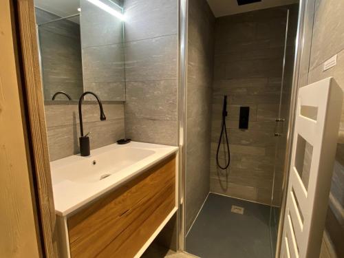 ein Badezimmer mit Waschbecken und Dusche in der Unterkunft Appartement standing 100m², pied des pistes, 8 pers, terrasse, WiFi, parking - FR-1-598-43 in Les Gets