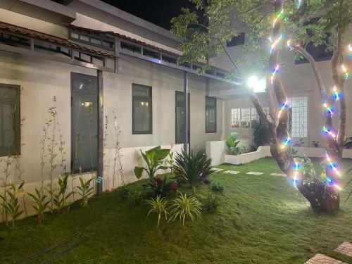 a house with christmas lights in the yard at Nam Anh Homestay in Bao Loc