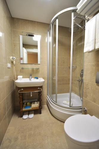 a bathroom with a shower and a sink and a toilet at Neorion Hotel - Special Class in Istanbul