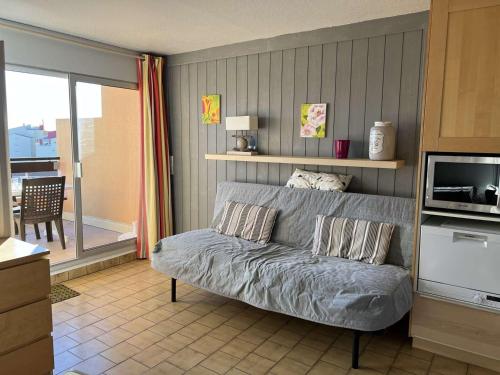 un salon avec un canapé et une télévision dans l'établissement Studio Cabine Calme, Proche Plage, Lave-Linge, Animaux OK - FR-1-702-26, au Cap d'Agde