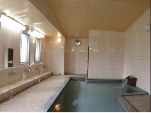 uma grande casa de banho com uma piscina e um chuveiro em Mountside Jodel em Hakuba